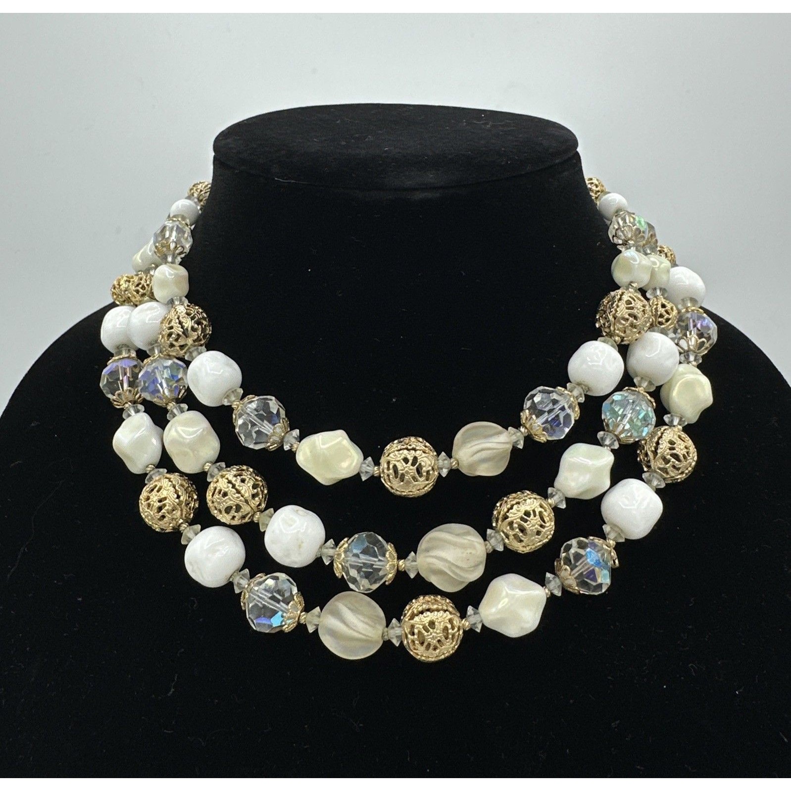 Vendome Coro Necklace Vintage Three 3 Strands Gold Cage Milk Glass Beads
